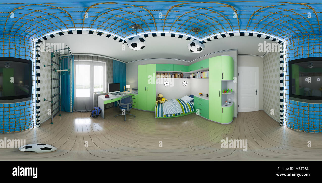 3d illustration of nursery interior design. Spherical 360 degrees, seamless panorama modern studio apartment. Football style play room interior Stock Photo