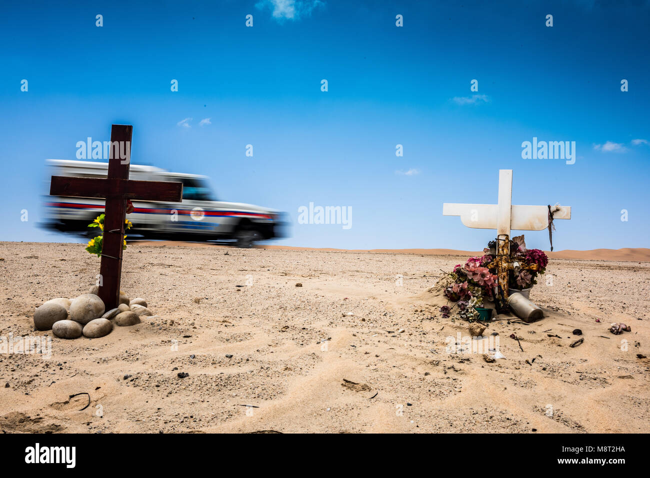 A roadside memorial on the road between Walvis Bay and Swakopmund in Namibia Stock Photo