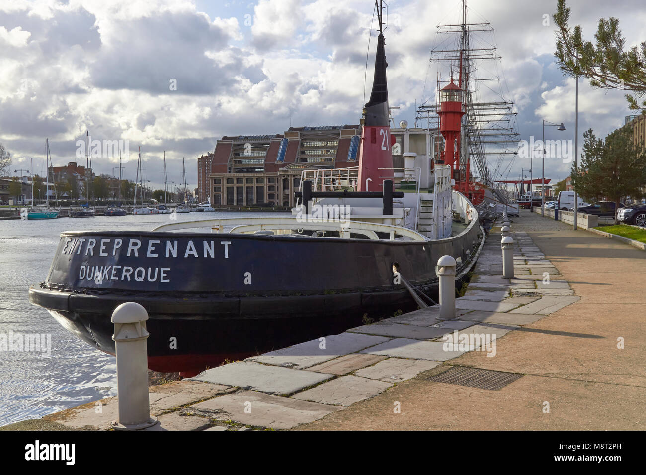 The Nautical Museum of Dunkirk lies within the inner harbour of the Town, overlooked by the new City Hall, and various other Town Buildings. Stock Photo