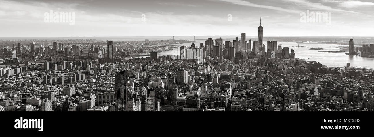 Aerial panoramic view of Lower Manhattan in Black and White. New York City Stock Photo