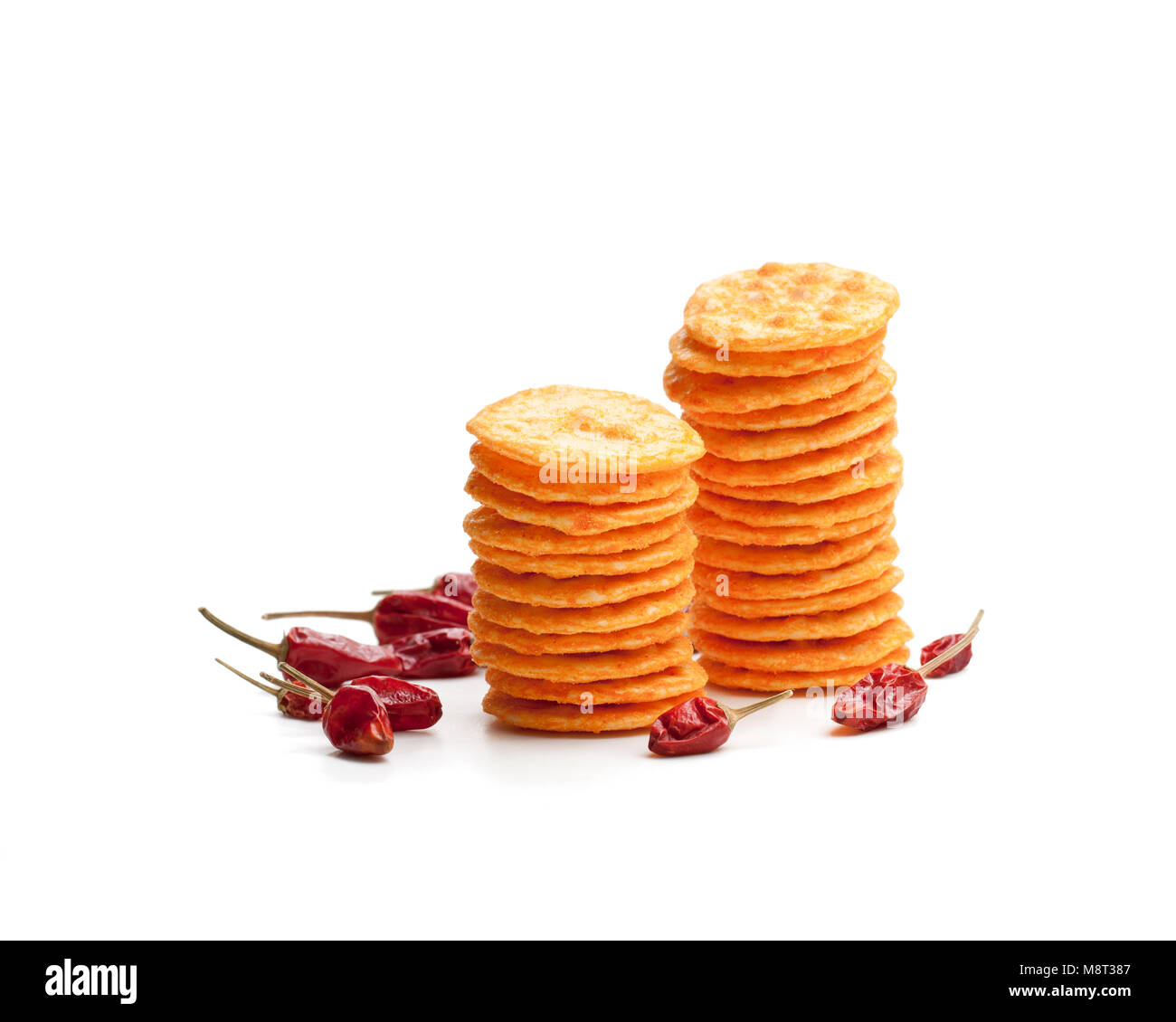 Round Chili Rice Rackers Round shape rice cracker with chili pepper isolated on white Stock ...
