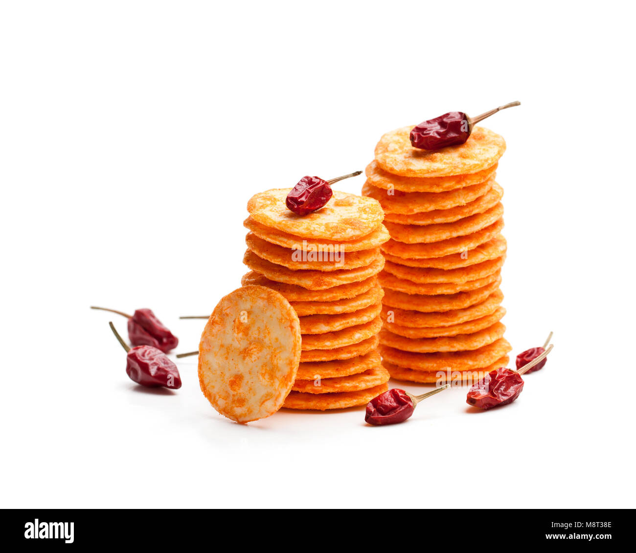 Round Chili Rice Rackers Round shape rice cracker with chili pepper isolated on white Stock ...