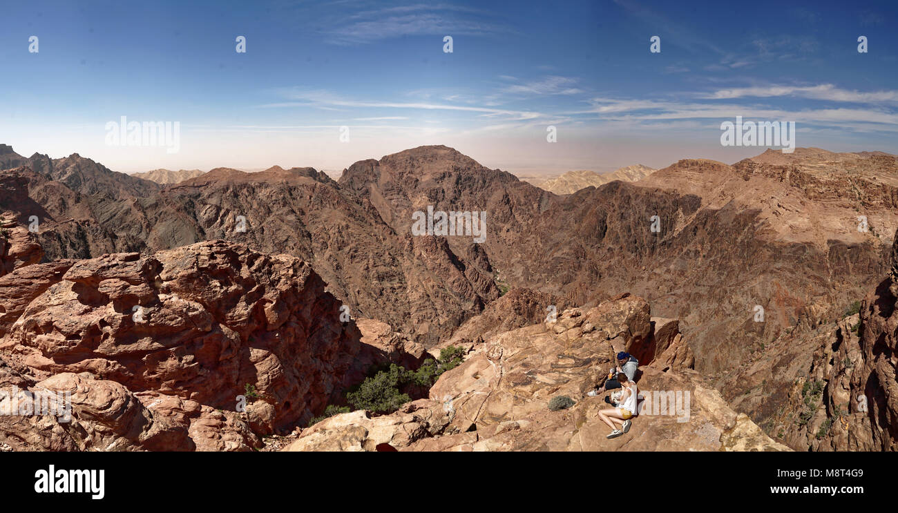 Petra, Wadi Musa, Jordan, March 9th 2018: Panoramic view of a picnic place in high resolution composed of several single photos, stitched Stock Photo
