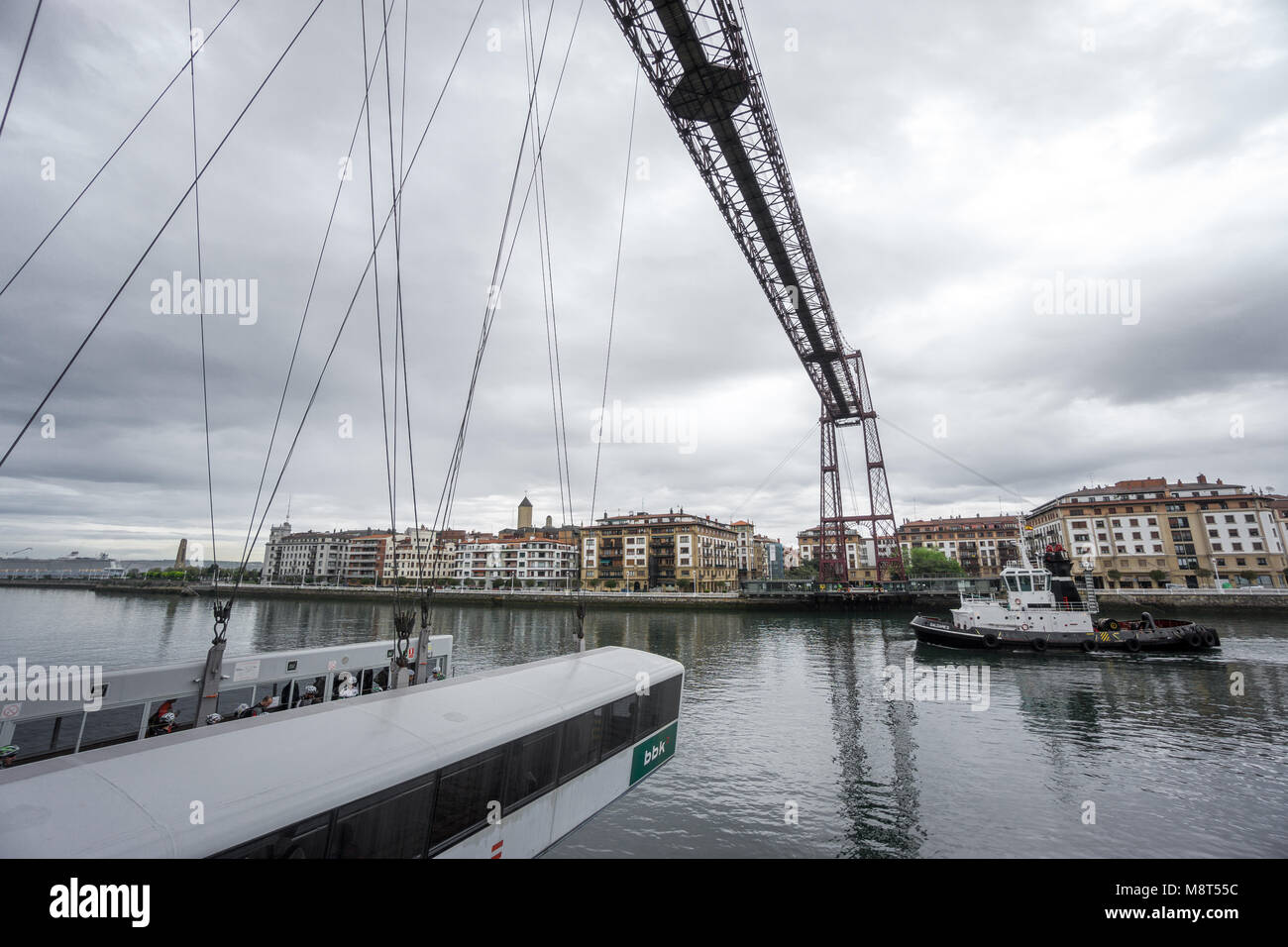 PORTUGALETE,SPAIN-APRIL 26, 2015: Nervion river, boats and Vizcaya bridge ,Basque Country. Stock Photo