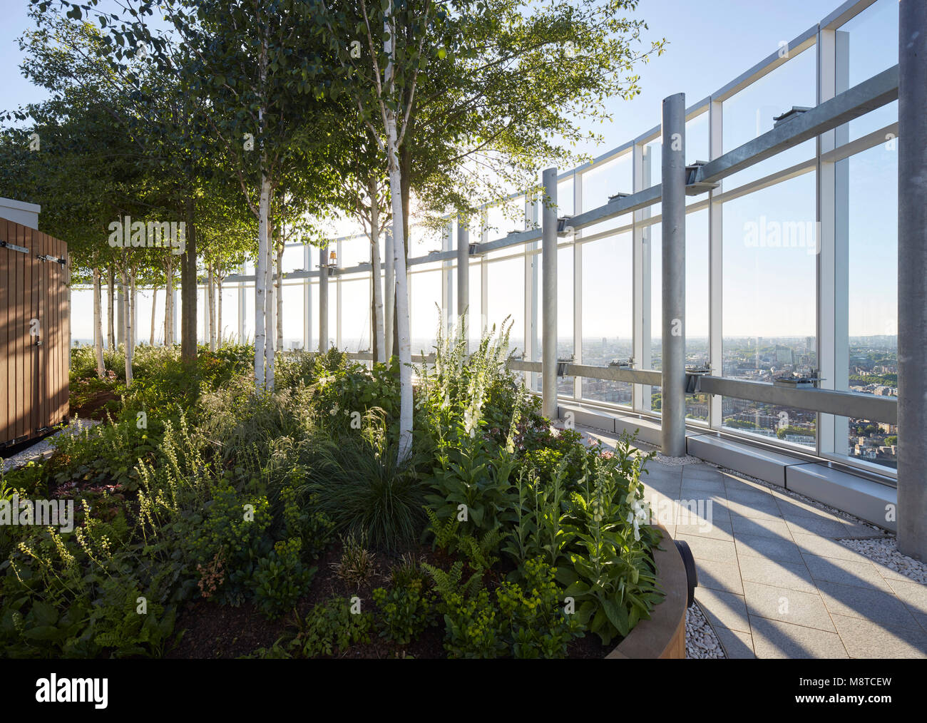 Roof garden on 35th floor. Vauxhall Sky Gardens, London, United Kingdom. Architect Carey Jones