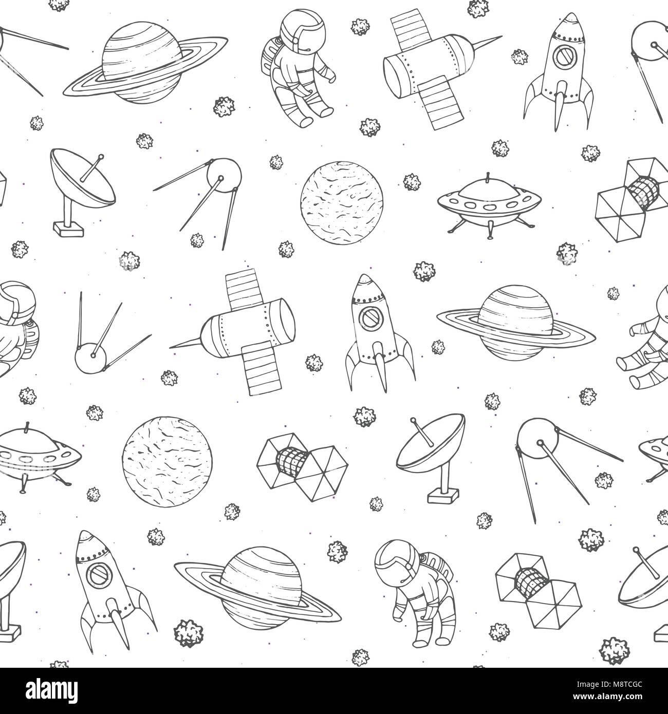 Vector seamless pattern with cosmonauts, satelites, rockets, planets, moon, falling stars and UFO contours. Cosmic background for education and scienc Stock Vector