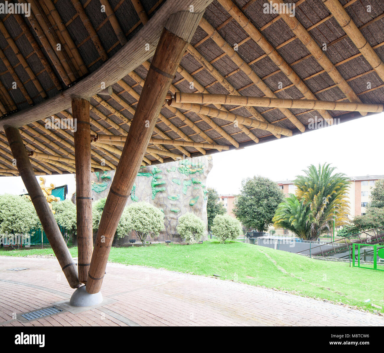 View from beneath the guada dome towards the Mundo Aventura Park. La Cúpula, Bogota, Colombia. Architect: Simón Vélez, 2012. Stock Photo