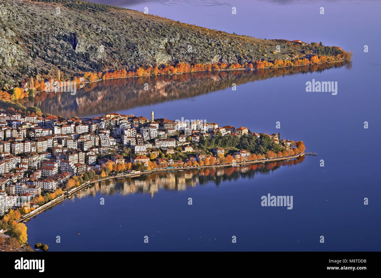Aerial panoramic view of Kastoria city, a traditional gorgeous town built on the shores of Lake Orestiada,West Macedonia, Greece Stock Photo