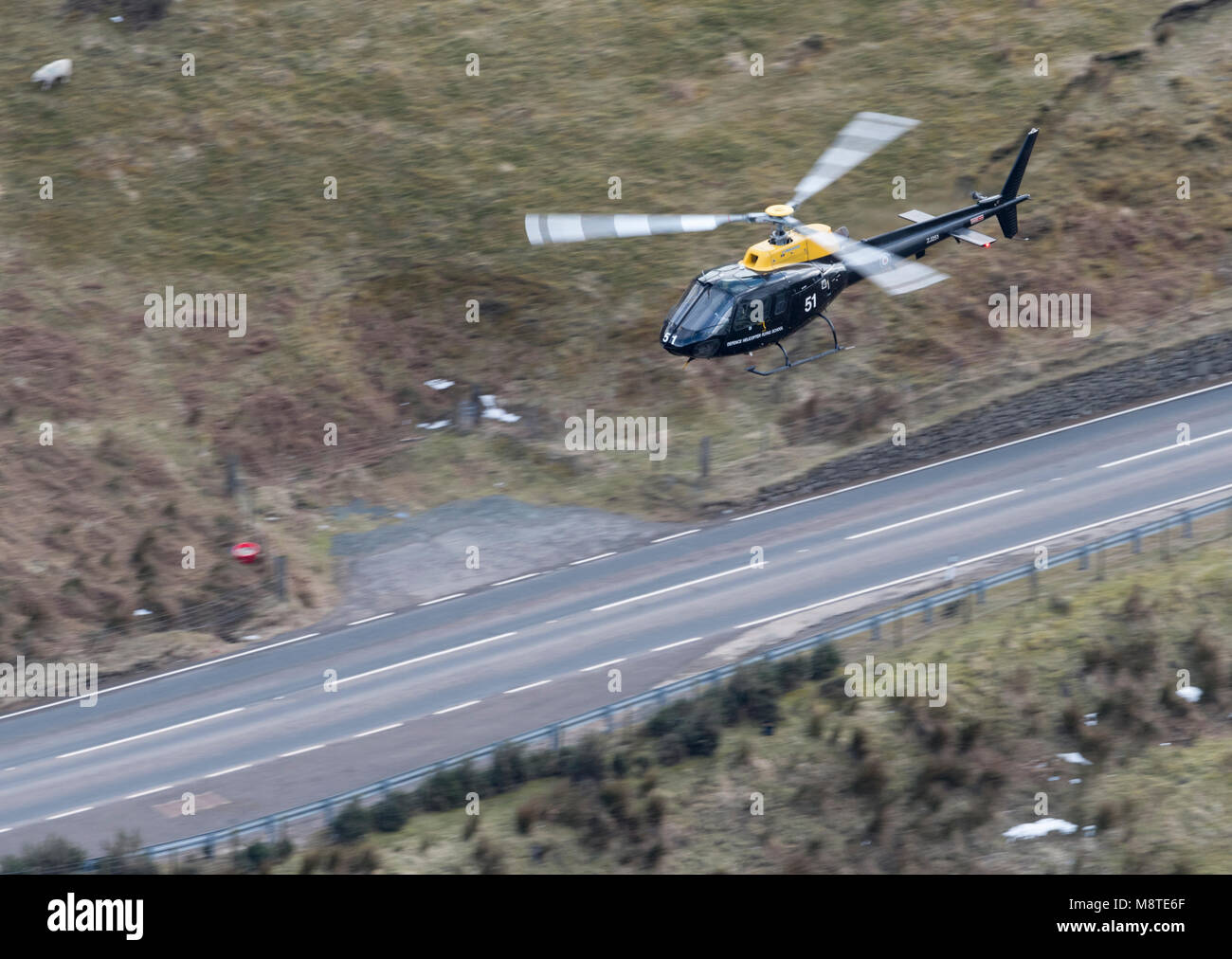 RAF Squirrel HT1 Helicopter flying through LFA7 in Snowdonia, Wales Stock Photo