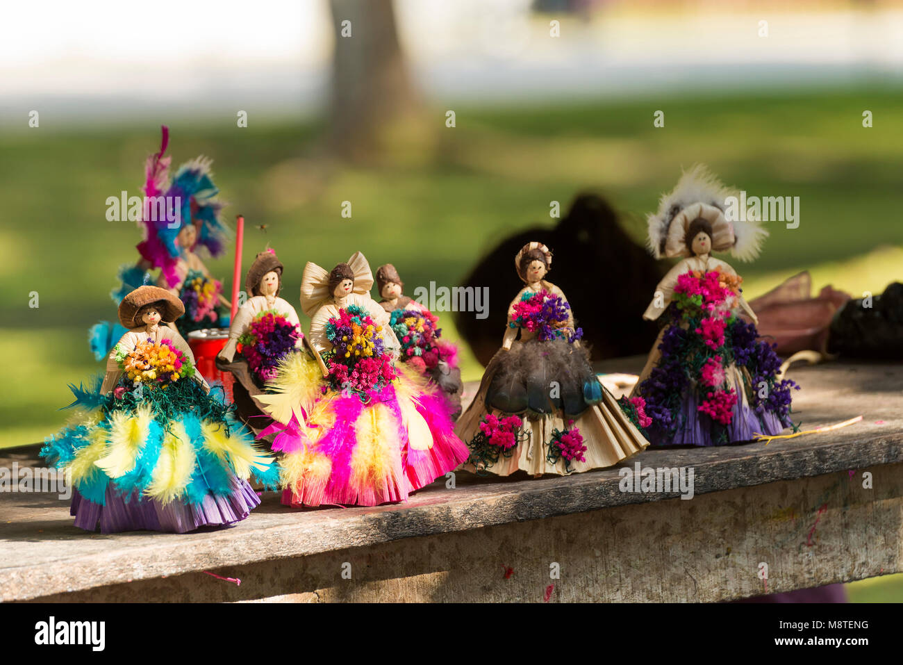 Traditional Guatemalan souveniers hand made and on sale at a market in Guatemala Stock Photo