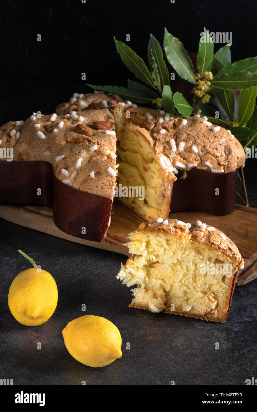 Colomba pasquale, an Italian traditional Easter cake, the counterpart of the two well-known Italian Christmas desserts, panettone and pandoro. Stock Photo