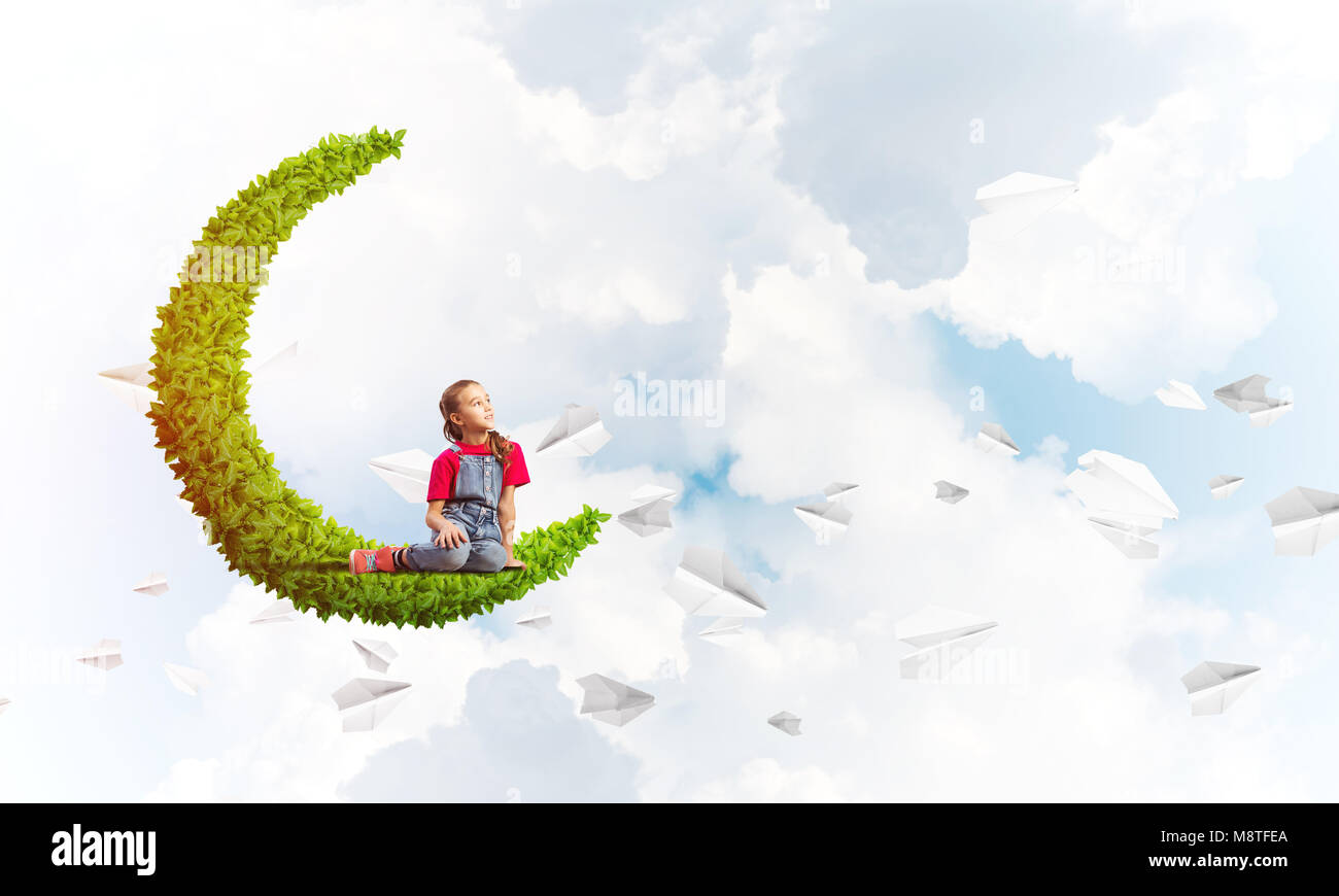 Cute kid girl sitting on moon and paper planes flying around Stock ...