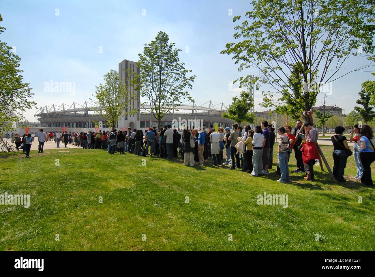 Crowd in a row wait ticketing for sport football event at Olympic Stadium Grande Torino circa April 2015 Turin Italy Stock Photo