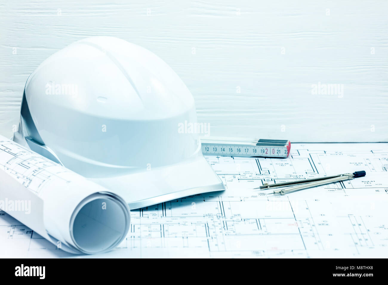 engineering project plans, blueprints, protective helmet, folding ruler