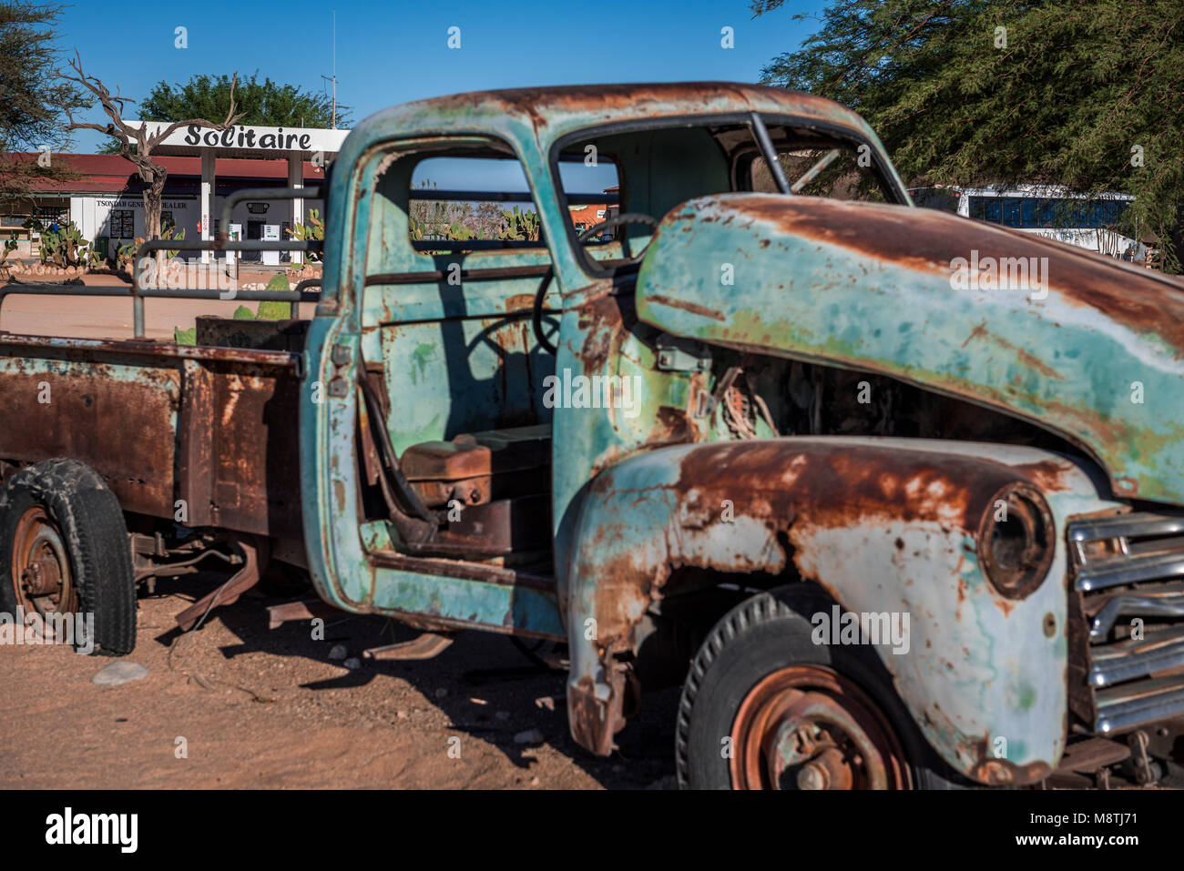 An abandoned truck at Namibia's legendary desert pit-stop of Solitaire Stock Photo