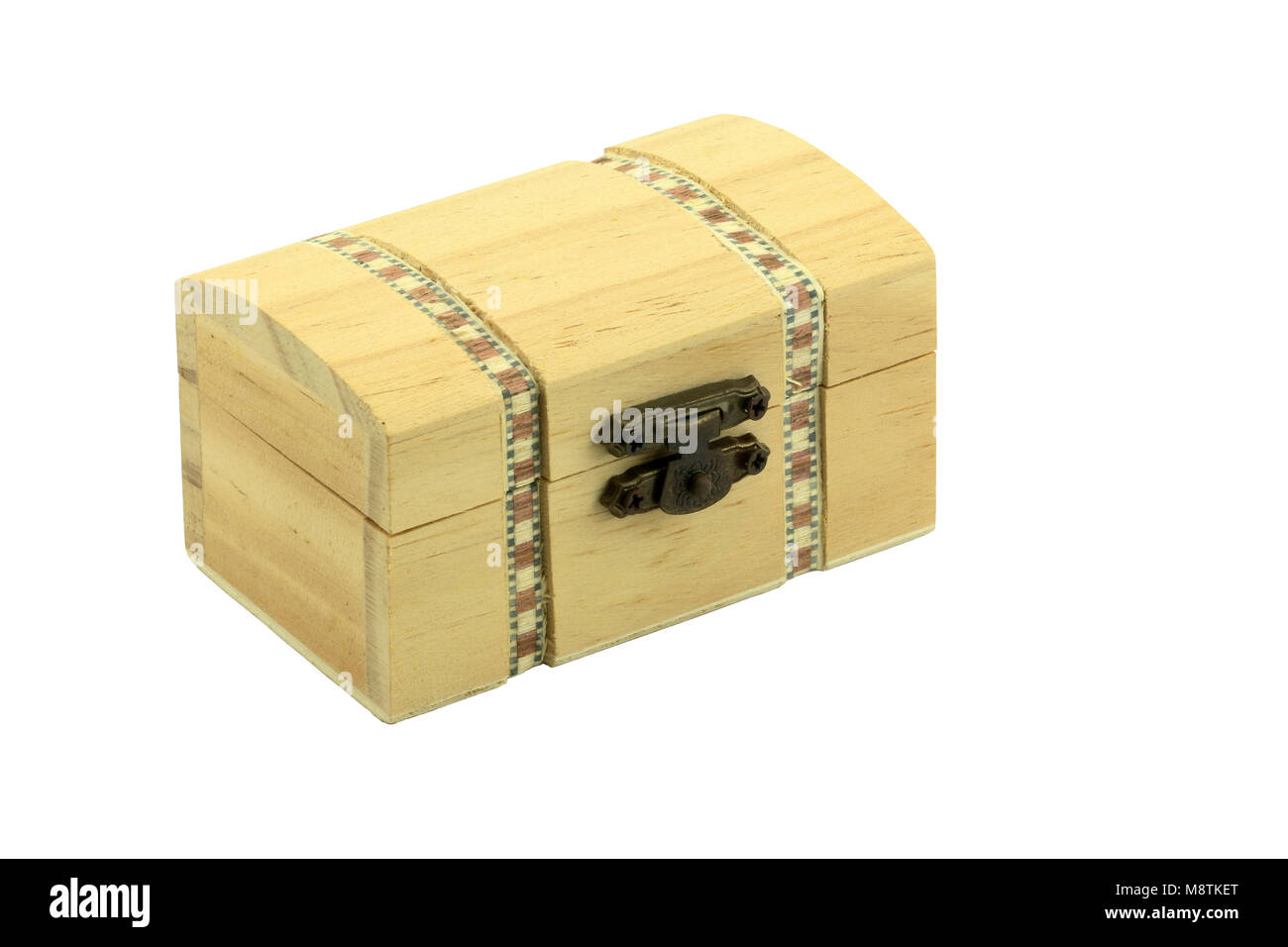 wood box on reflective surface. White background. Stock Photo