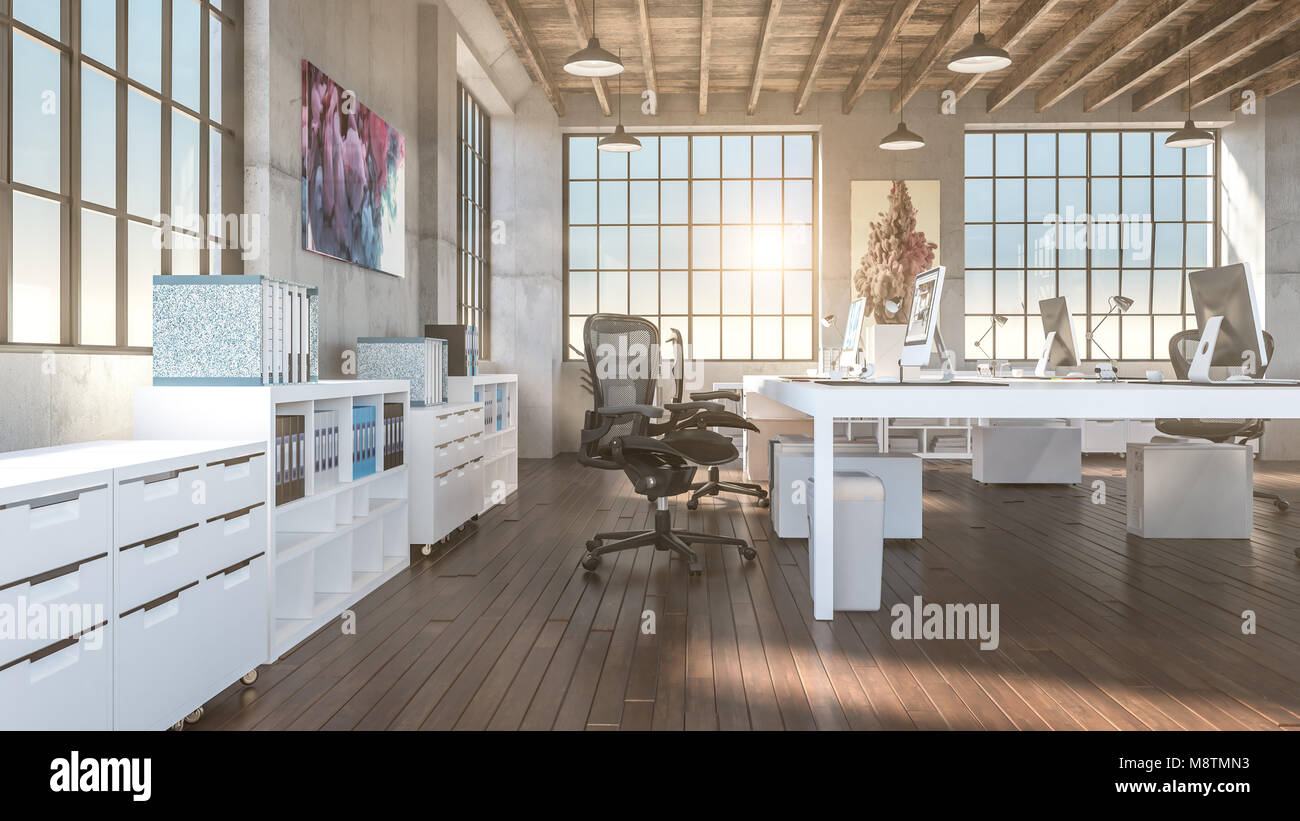 industrial style office interior view 3d rendering image Stock Photo