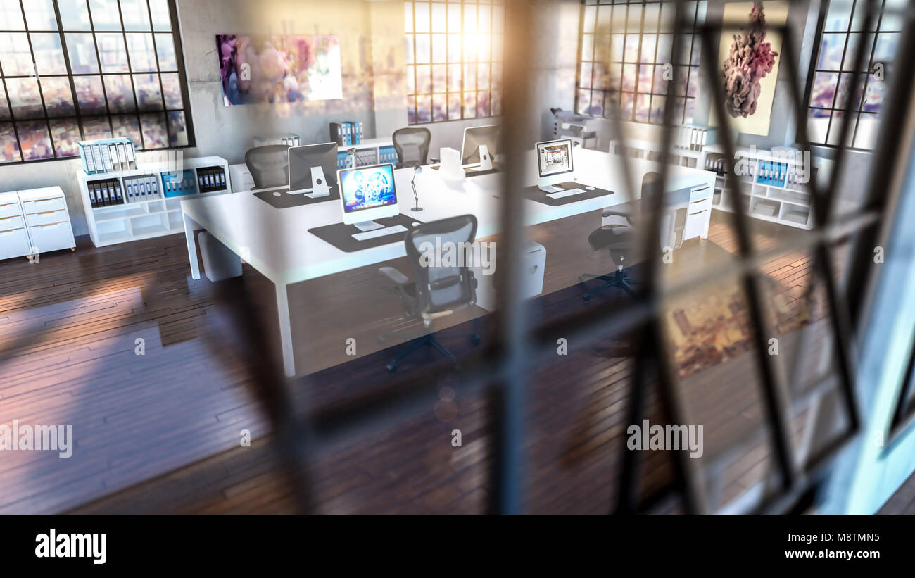 modern office interior industrial style 3d rendering image Stock Photo