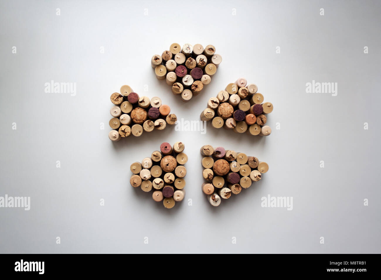 Wine corks pie slices isolated on white background from a high angle view Stock Photo