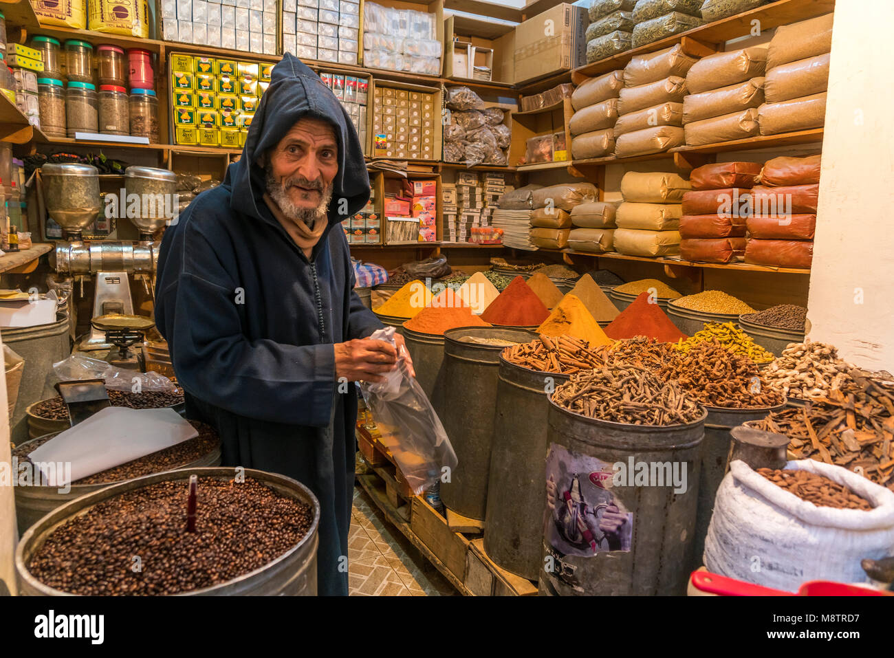 Händler mit Gewürzen im Souk, Fes, Königreich Marokko, Afrika  | spice seller at the old souk,  Fes, Kingdom of Morocco, Africa Stock Photo
