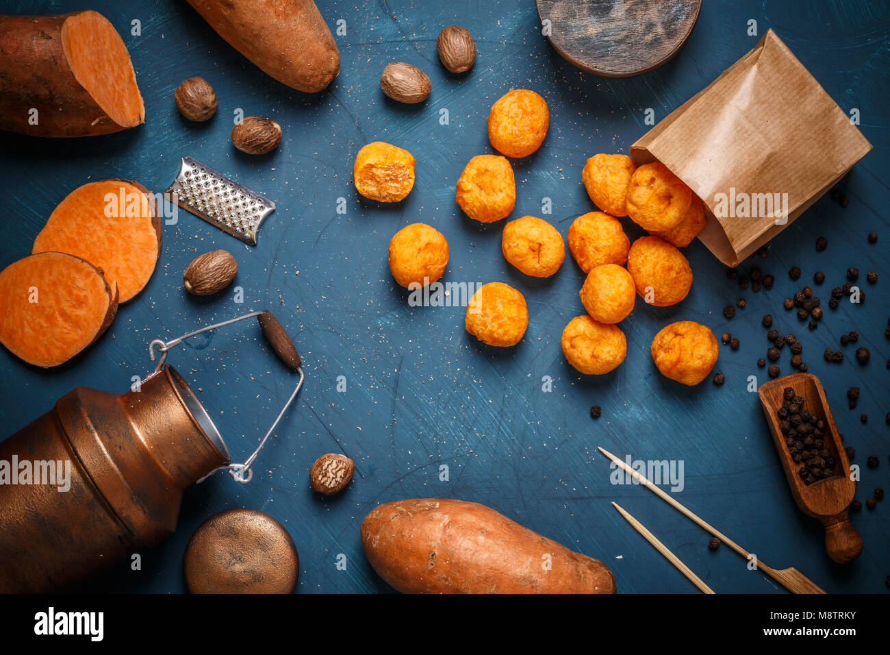 Homemade potato croquettes on blue background Stock Photo