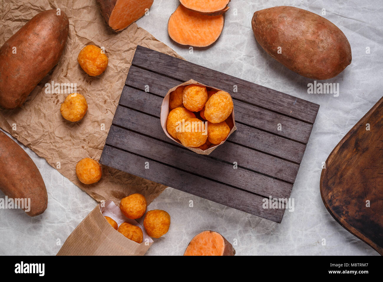 Top view of fried small sweet potato balls Stock Photo