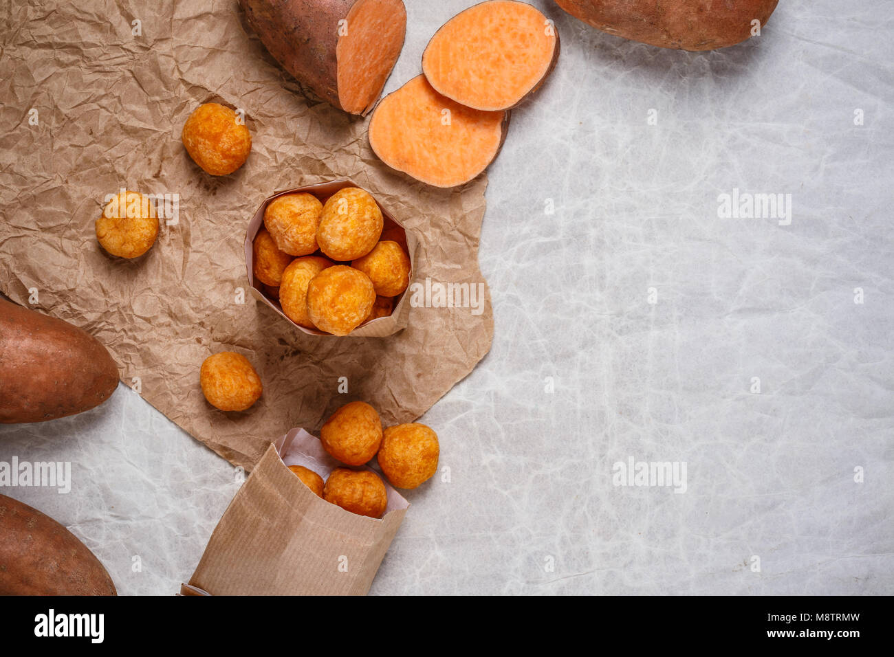 Fried sweet potato balls with space for your text Stock Photo