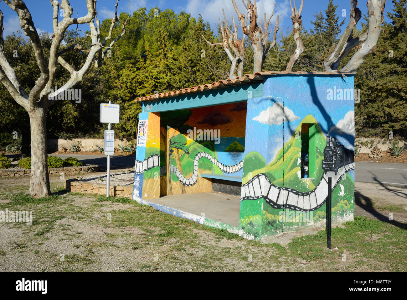 Bus Stop Painted with Image of Early Movie 'Arrival of a train at La Ciotat' filmed by the Lumière Brothers (1895) at La Ciotat France Stock Photo