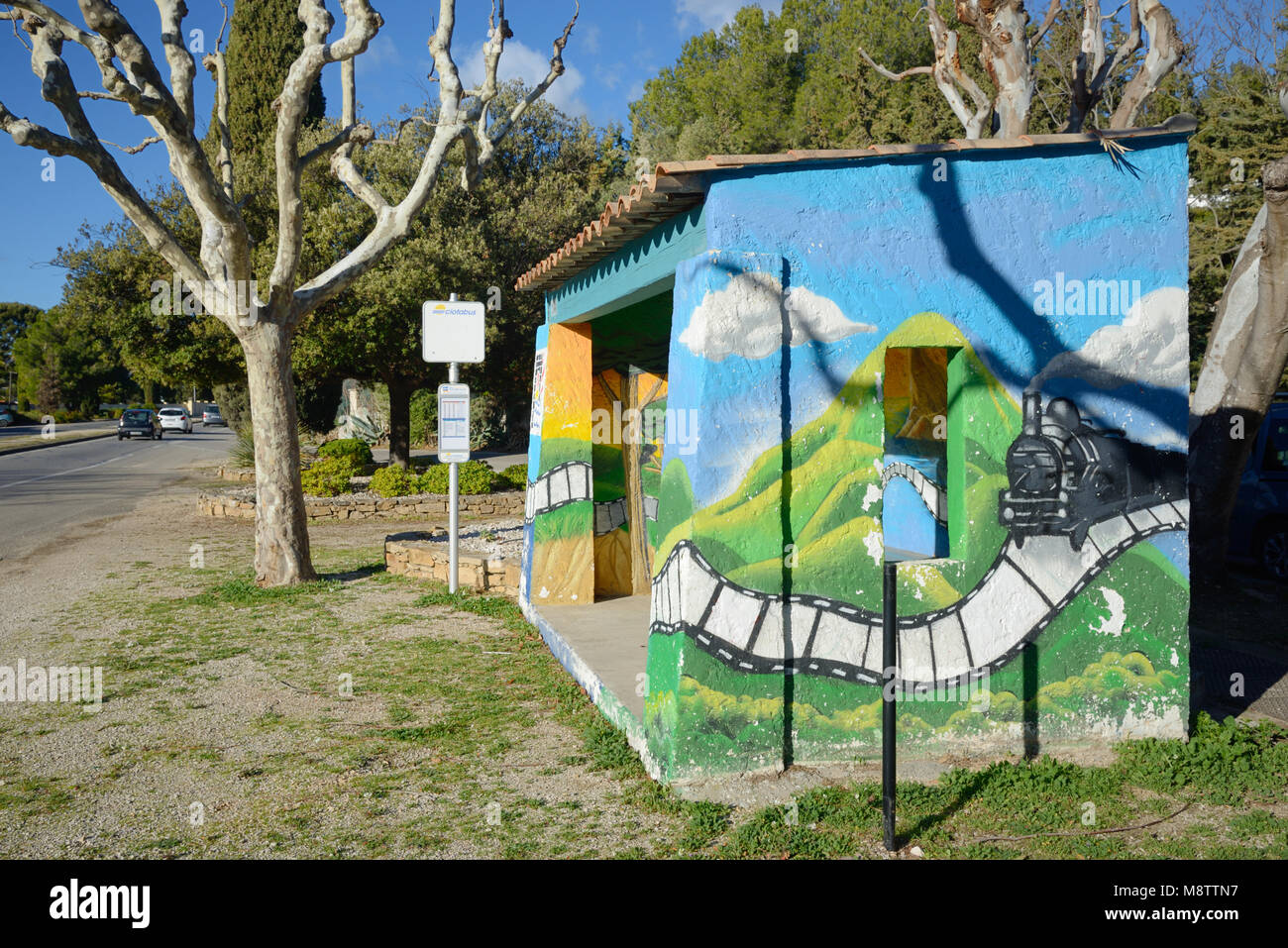 Bus Stop Painted with Image of Early Movie 'Arrival of a train at La Ciotat' filmed by the Lumière Brothers (1895) at La Ciotat France Stock Photo