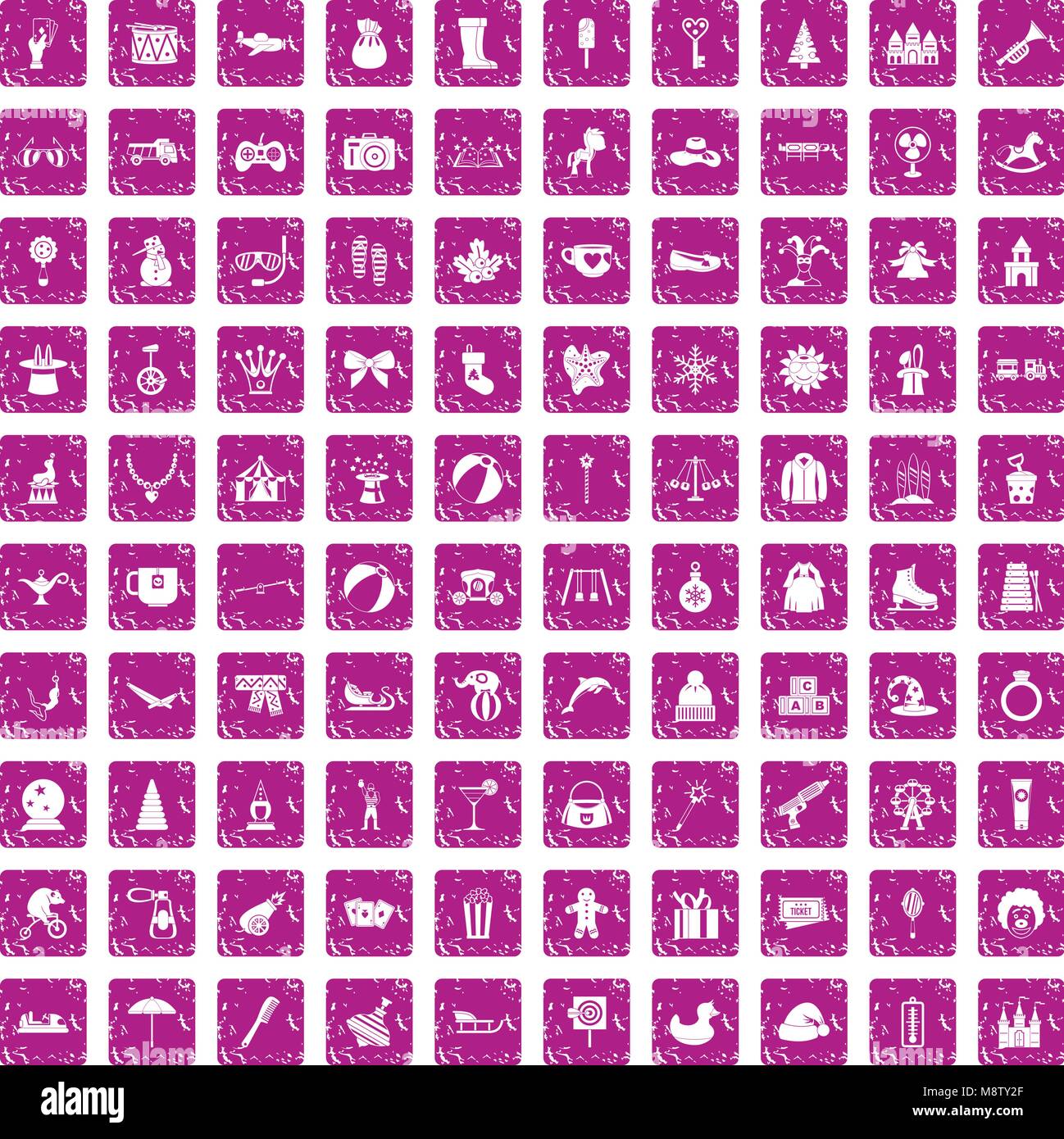 100 children icons set grunge pink Stock Vector