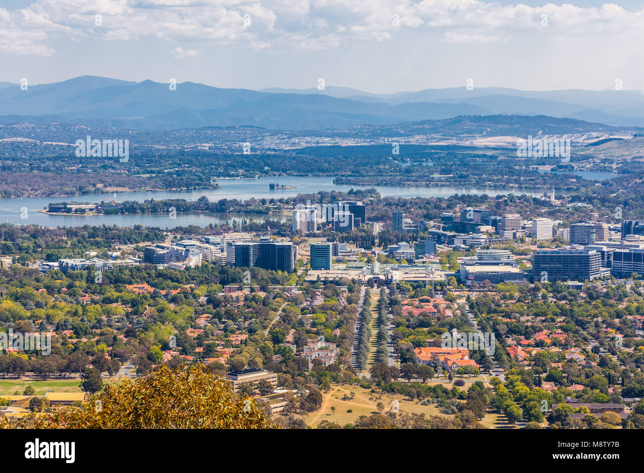 View of Canberra city from Mt. Ainslie lookout on bright sunny day Stock Photo