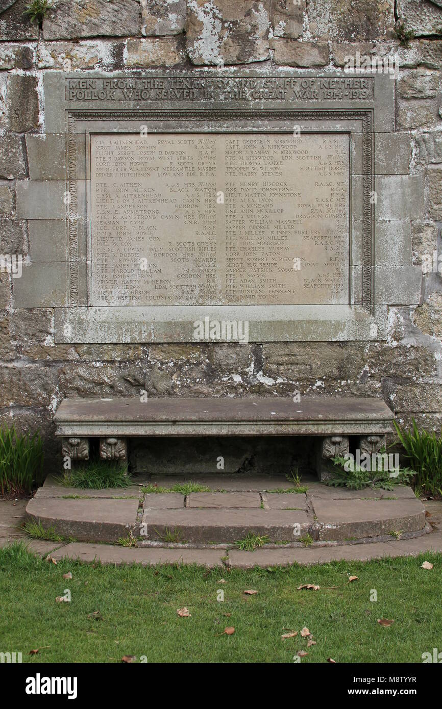A memorial plaque at Pollok Country Park, dedicated to the men from Nether Pollok that served during the First World War. Stock Photo
