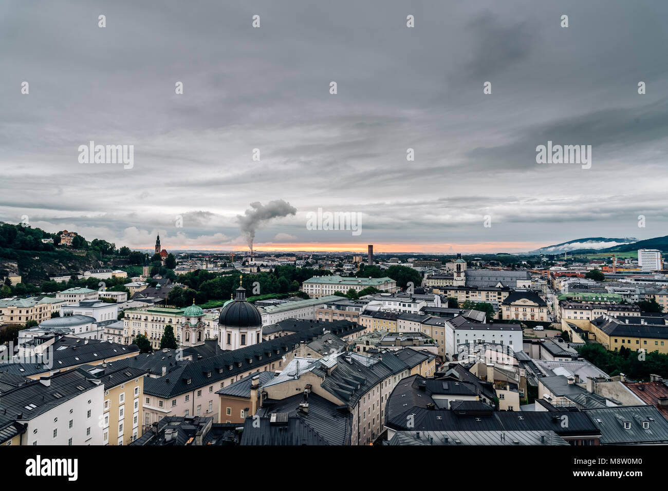 Cityscape of Salzburg from Kapuzinerberg Hill at sunset Stock Photo