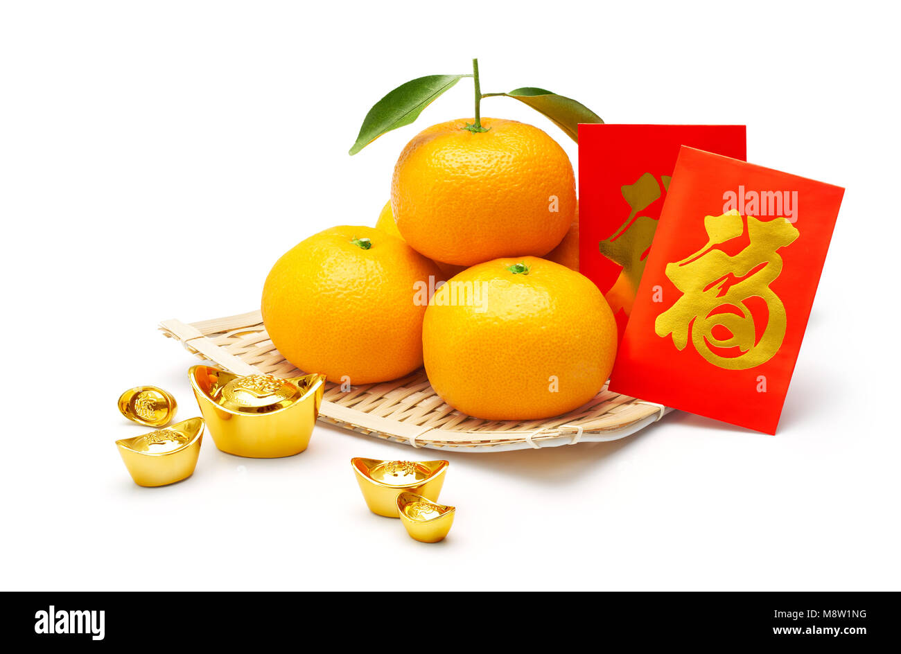 Mandarin orange, chinese gold and red packet isolated on white backgroud Stock Photo
