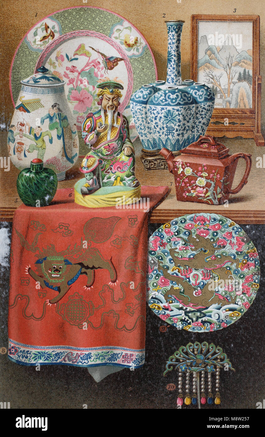 various samples of chinese art and decoration, 1. copper enameled dish, 2. porcelain vase, 3. soapstone umbrella, 4. ming vase, 5. glass tobacco vial, 6. kwan-ti god of war, 7. clay teapot, 8. cloth altar cloth , 9. silk embroidery, 10. hairpin, digital improved reproduction of an original print from the year 1895 Stock Photo