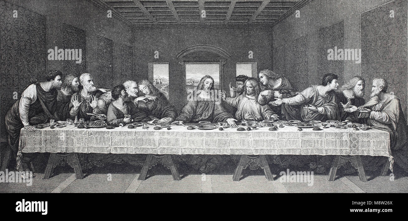 The Last Supper is a late 15th-century mural painting by Leonardo da Vinci housed by the refectory of the Convent of Santa Maria delle Grazie in Milan, digital improved reproduction of an original print from the year 1895 Stock Photo
