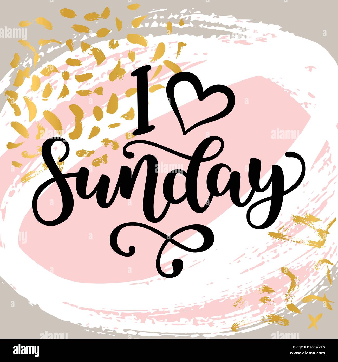 I love sunday. Motivational lettering quote for office workers, start of the week. Modern black brush calligraphy on abstract colorful texture. Positive phrase for social media, cards, wall art Stock Vector