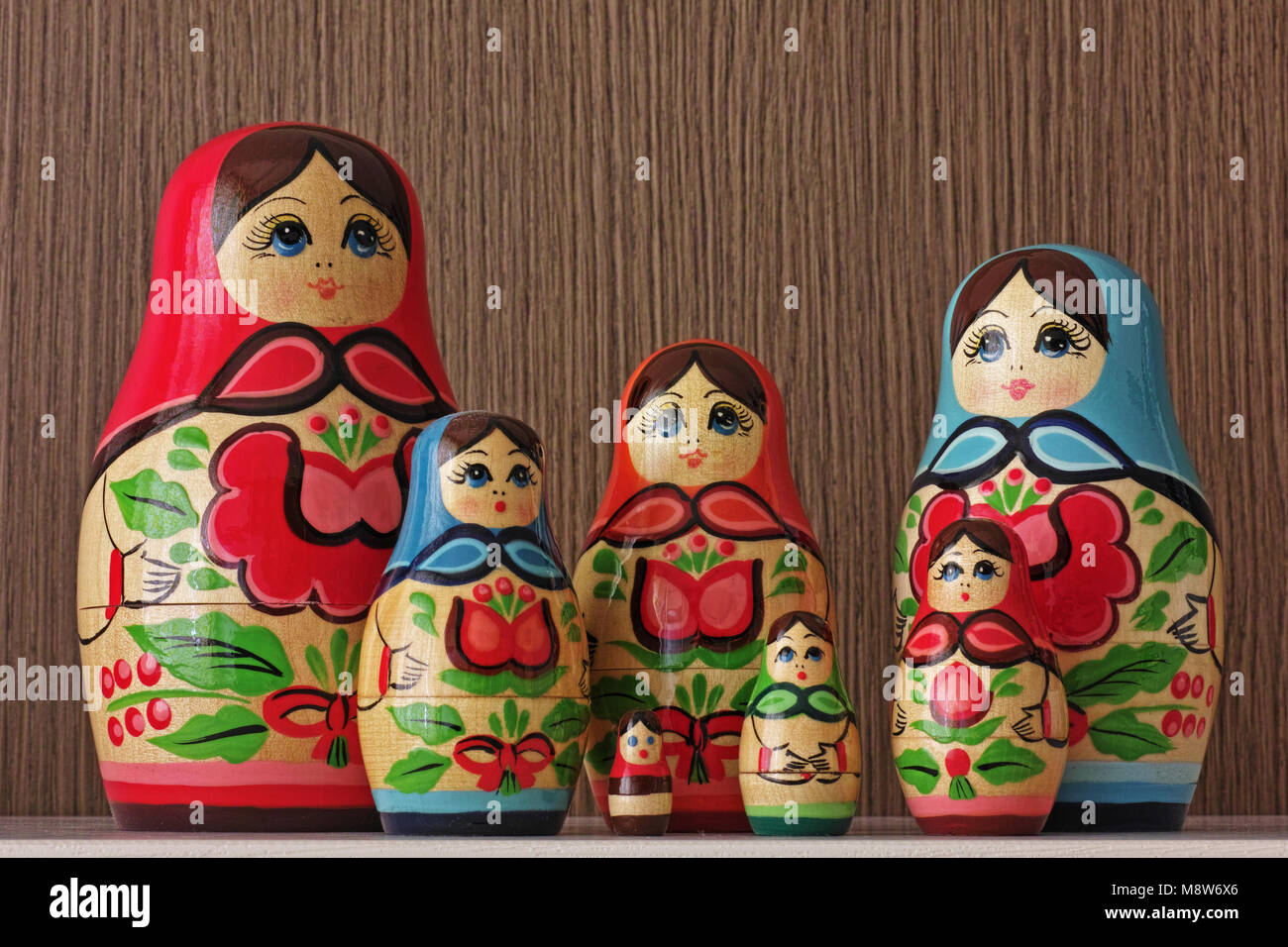 the symbolic dolls of a matryoshka gathered to form a sort of family group Stock Photo