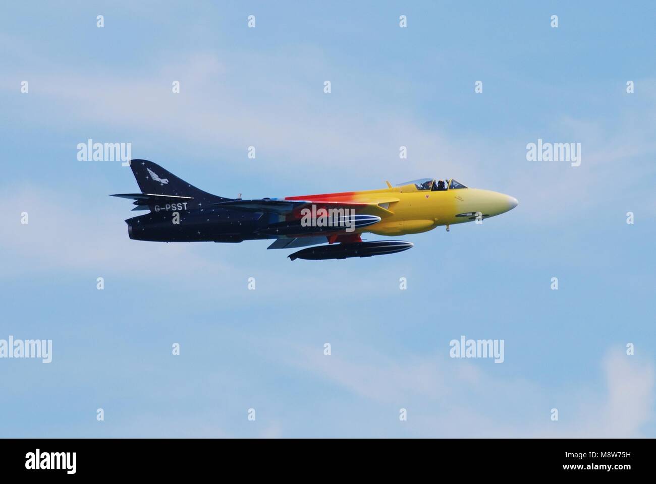 Hawker Hunter jet fighter G-PSST (Miss Demeanour) performs at the Airbourne airshow at Eastbourne, England on August 11, 2012. Stock Photo