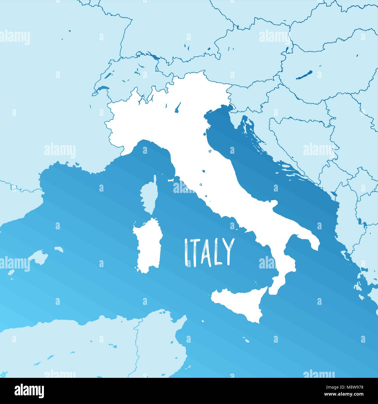 Italy Vector Map. Two-toned Silhouette Version. Rich details for borders, neighbours and islands. Usable for travel marketing, real estate and educati Stock Vector
