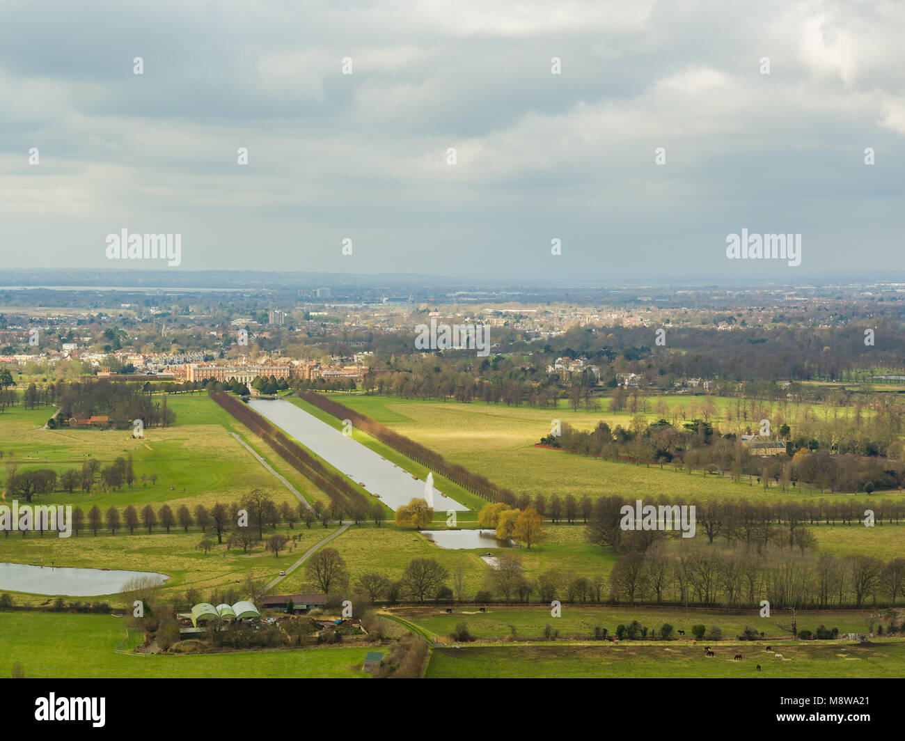 Aerial view of Hampton Court Palace, London, UK Stock Photo