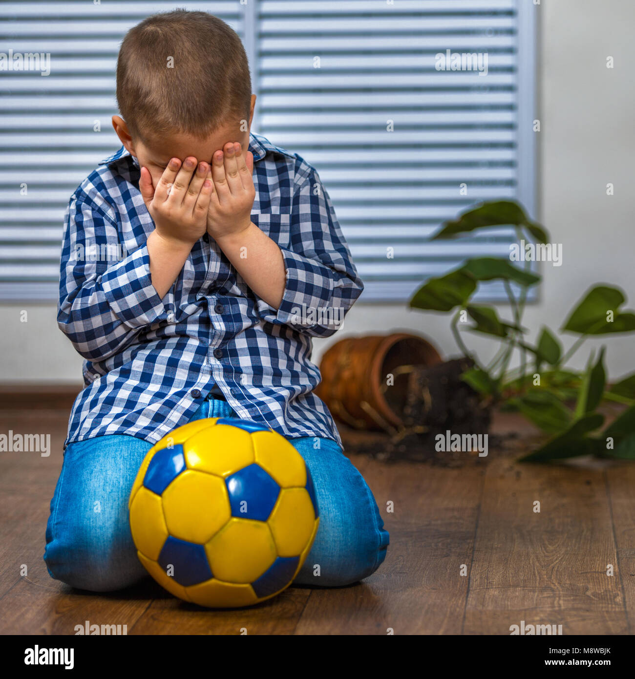 The child is afraid of punishment. He smashed the flower pot Stock Photo