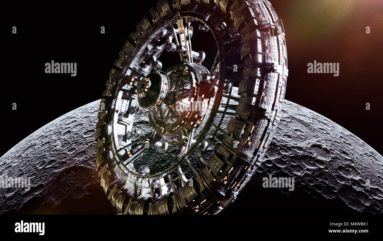 futuristic space station in orbit of the Earth Moon (3d science fiction ...