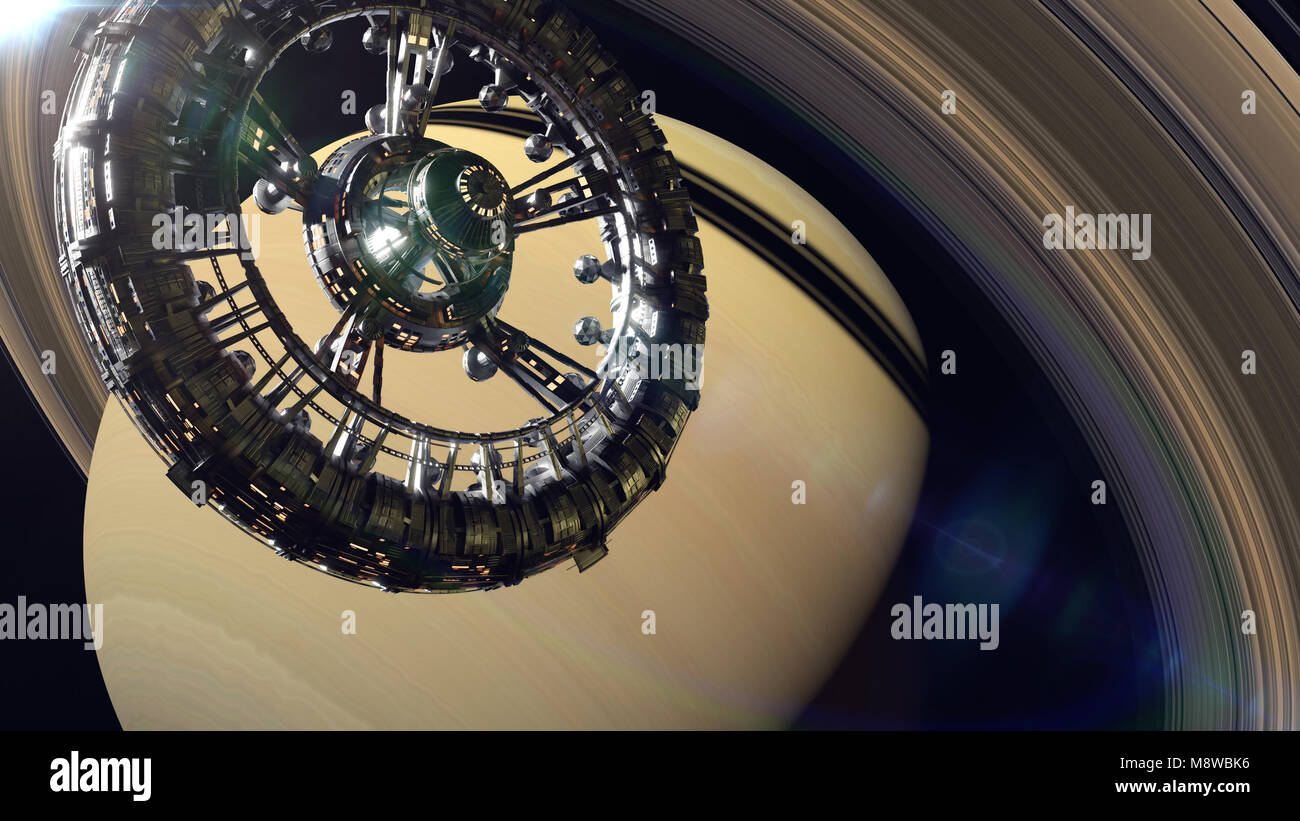 high detail space station in orbit of Saturn, space ship mission