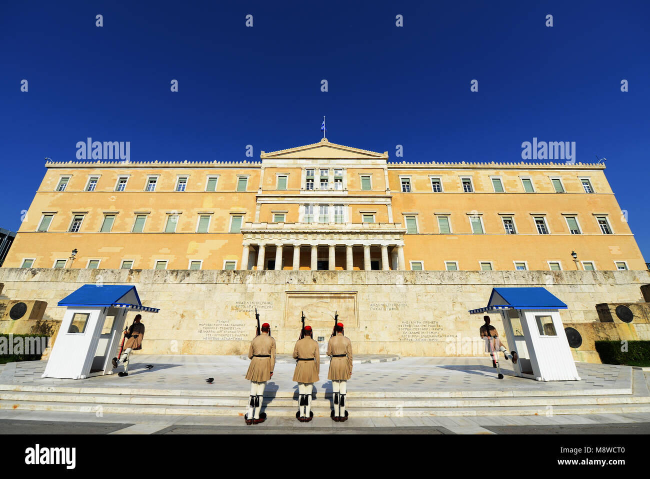 guard change in front of the tomb of the Unknown Soldier, Greek parliament, Athens. Stock Photo