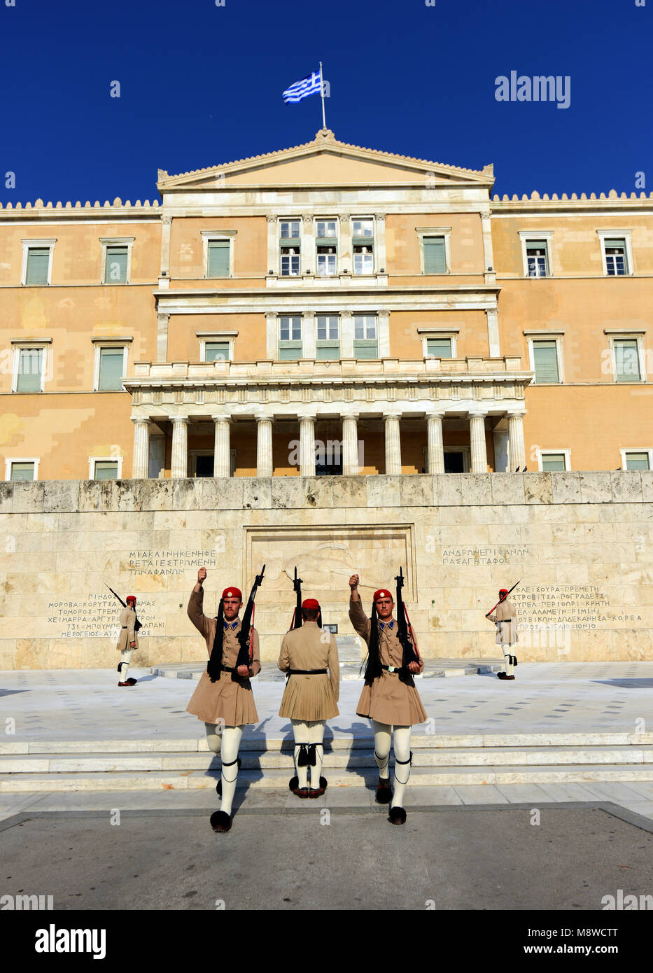 guard change in front of the tomb of the Unknown Soldier, Greek parliament, Athens. Stock Photo