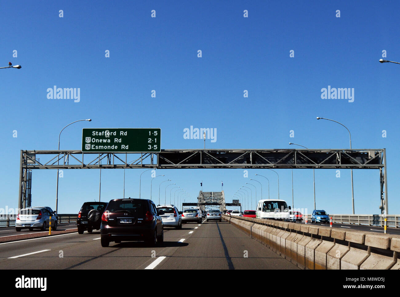 Crossing the Auckland Harbour Bridge. Stock Photo