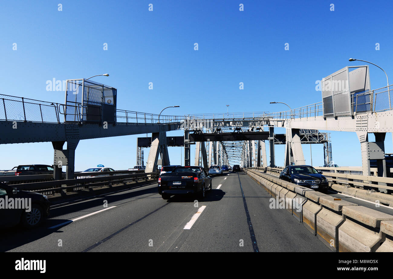 Crossing the Auckland Harbour Bridge. Stock Photo