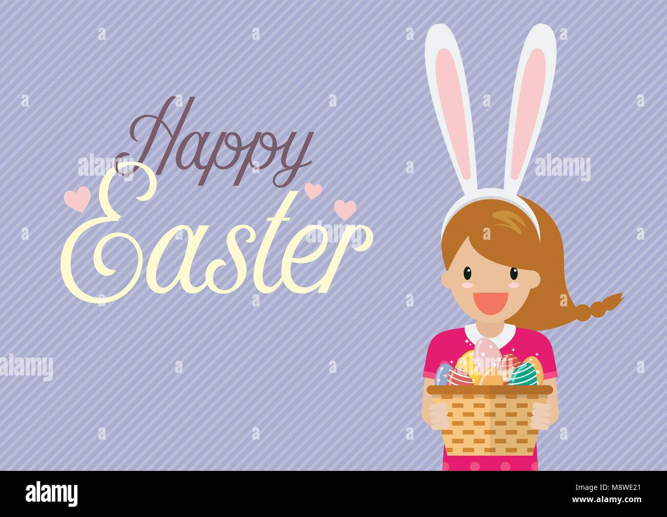Cute girl with bunny ears mask holding basket full of easter eggs. Flat ...