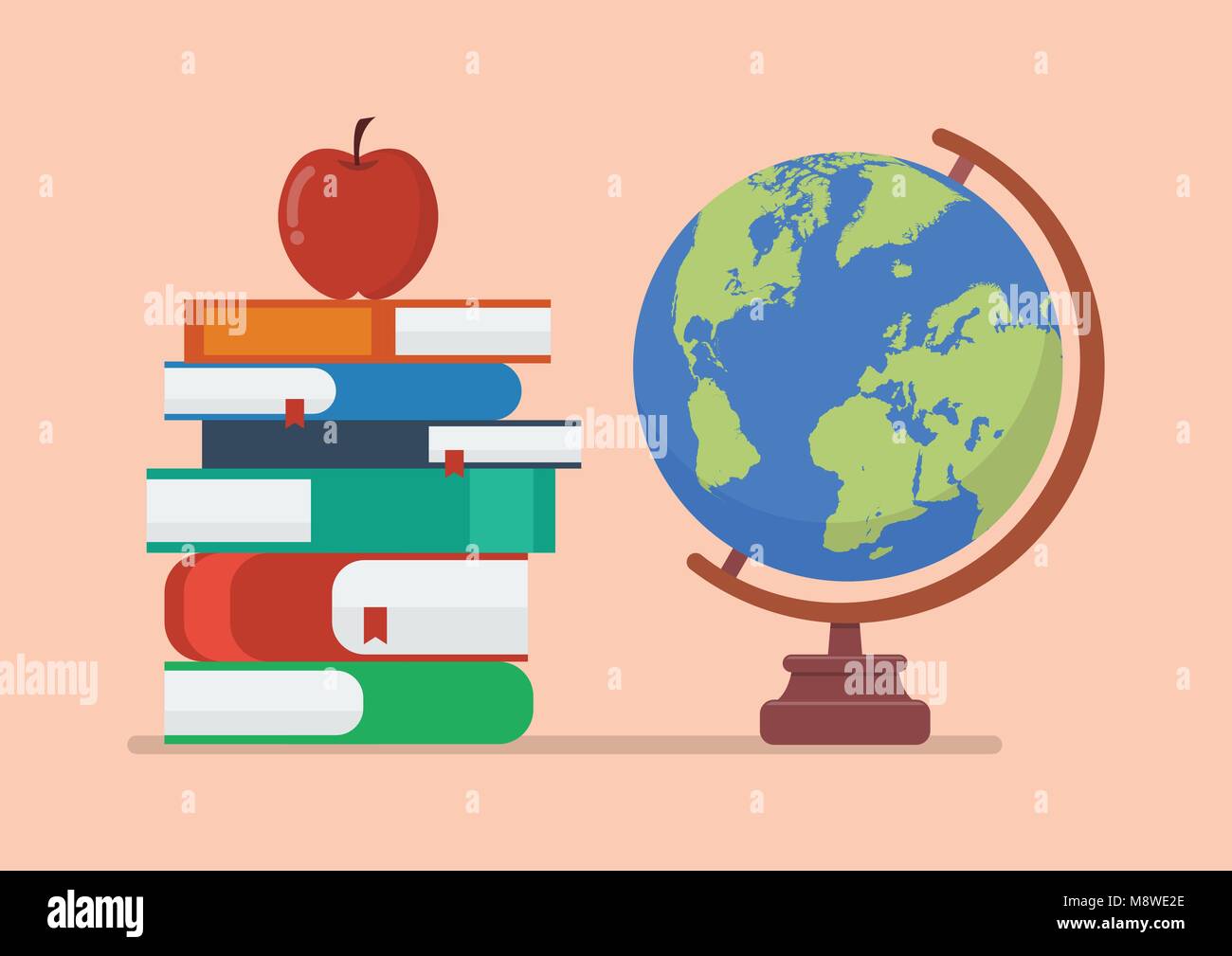 Earth globe model with books and apple. Education concept Stock Vector
